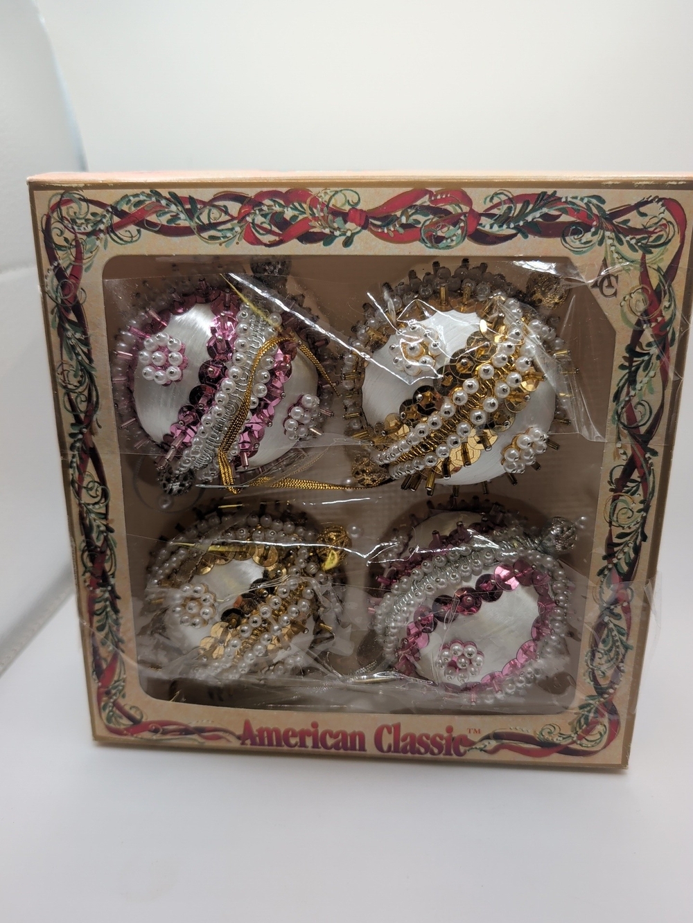 Vintage American Classic Satin Christmas Ornaments Set of 4, Made In The USA